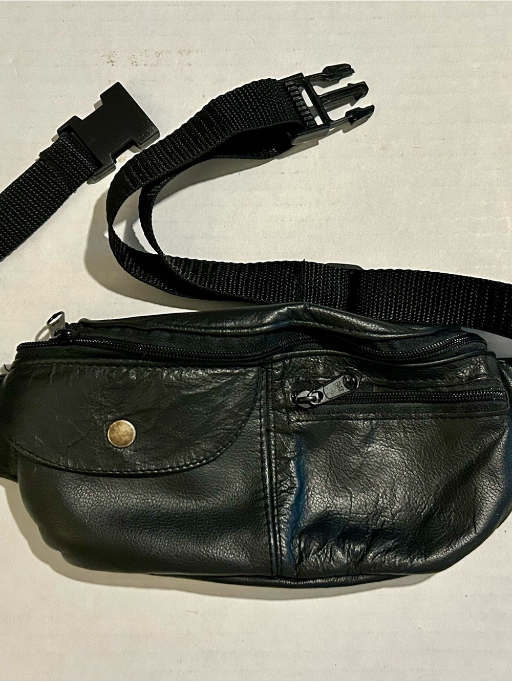 Vintage Genuine Leather Fanny Pack Waist Hip Bag 90's Black Unisex Pockets 8.5x4